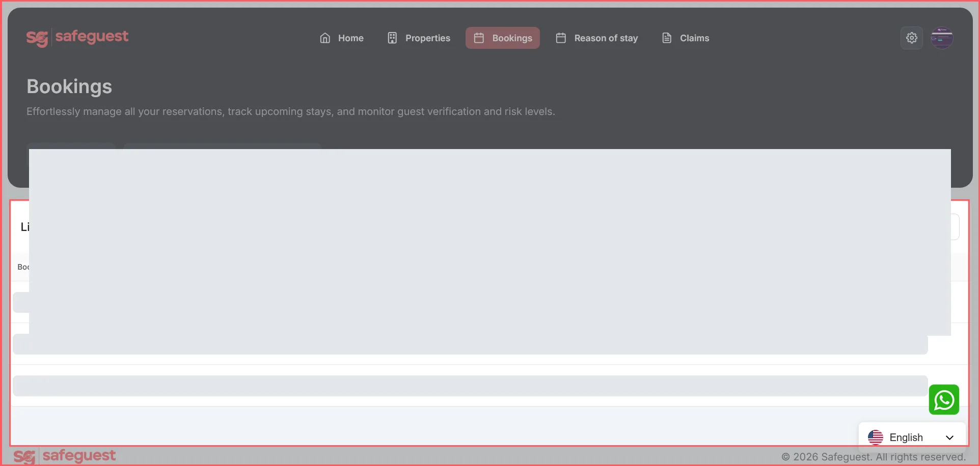 Hostaway bookings synchronised in SafeGuest with guest data redacted