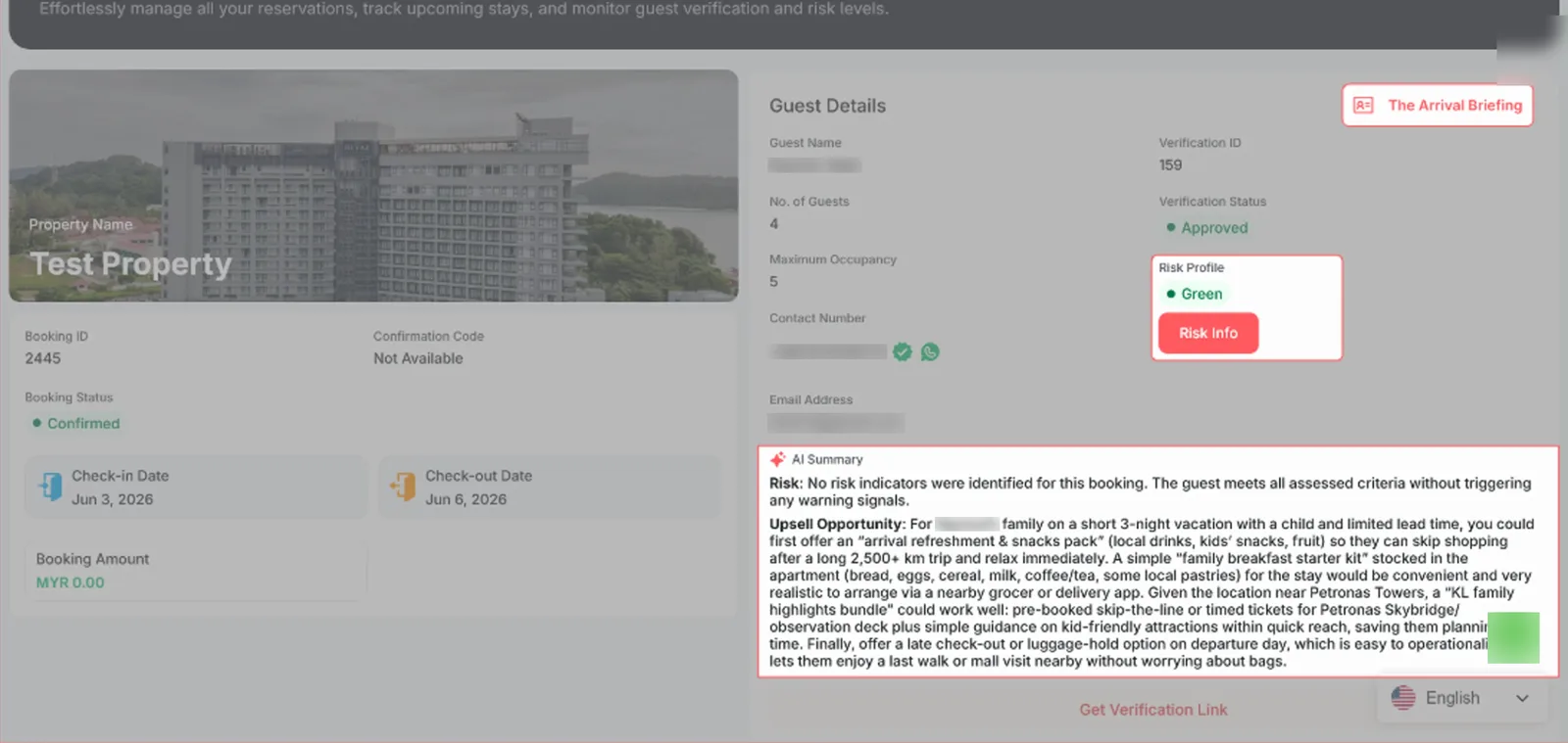 Booking details with the guest’s Arrival Briefing and Risk Status