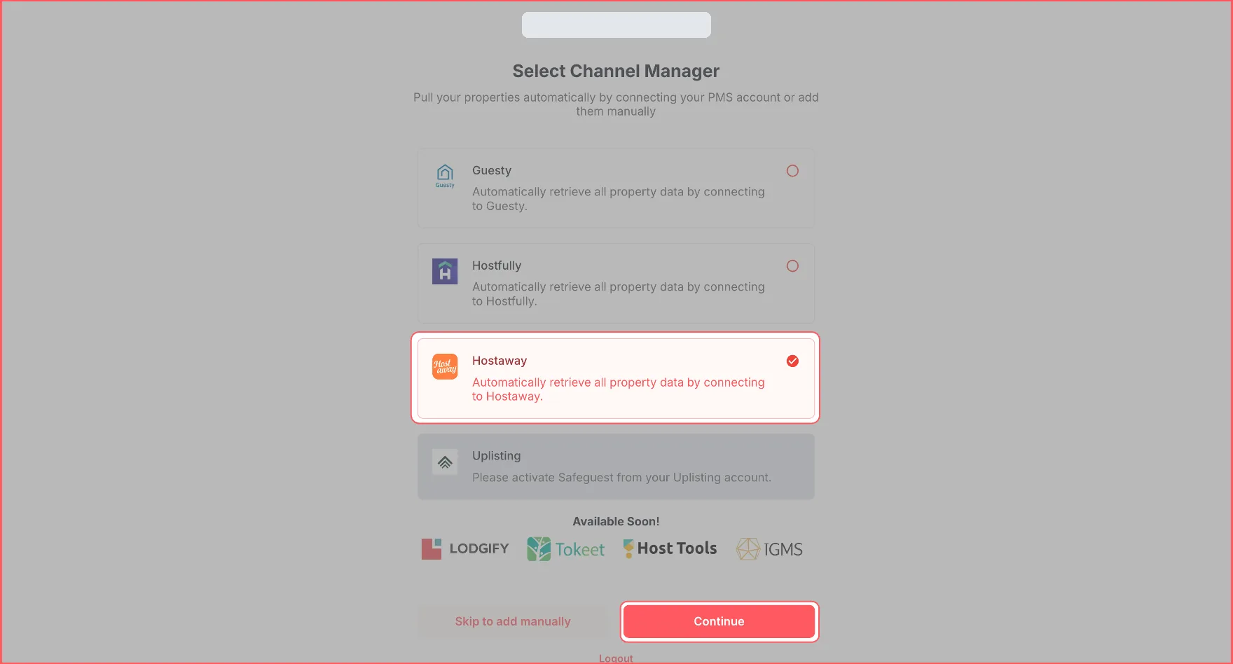 Selecting Hostaway during SafeGuest onboarding