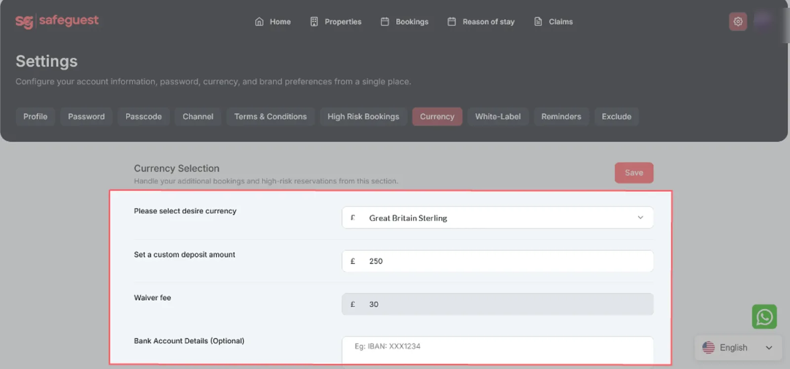 Currency and deposit settings in SafeGuest