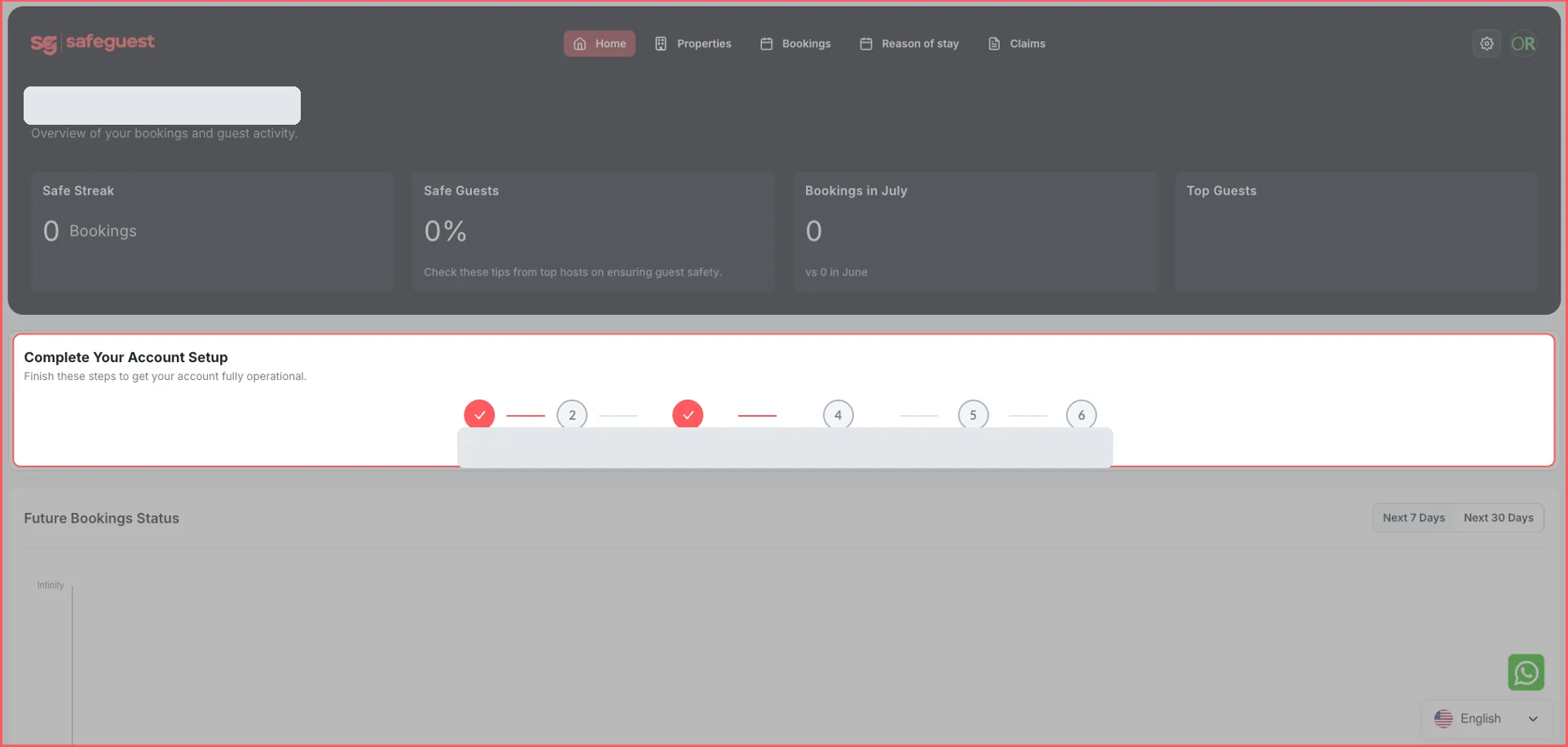 SafeGuest setup banner and dashboard