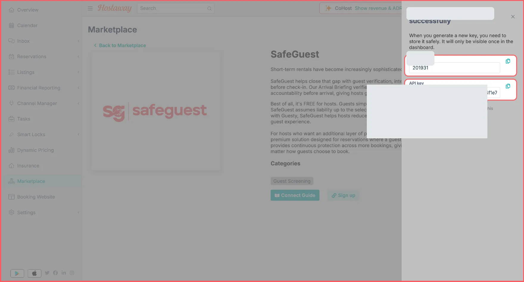 Hostaway API credentials screen with private values redacted