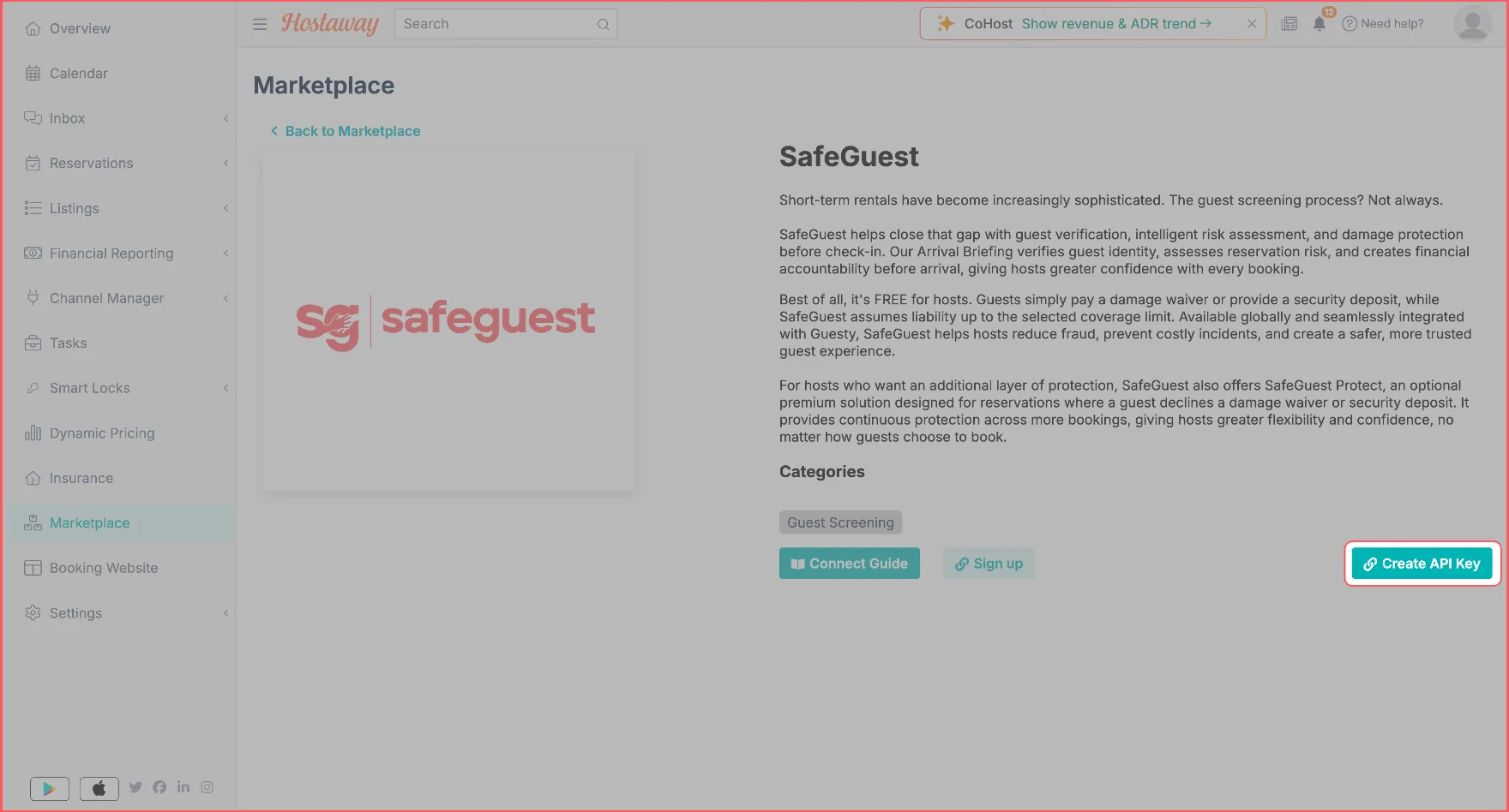 The SafeGuest listing in the Hostaway Marketplace