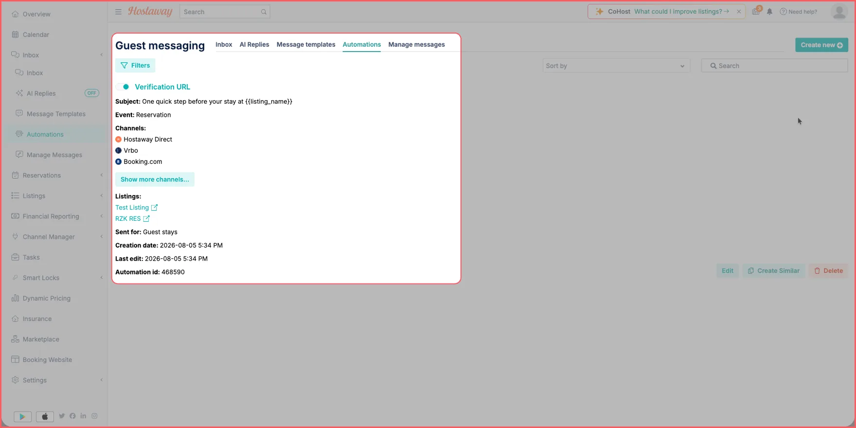 The completed Hostaway SafeGuest automation