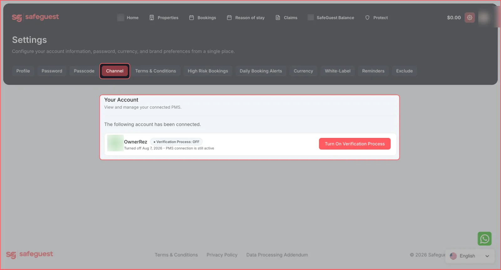 The Channel tab showing the connected OwnerRez account
