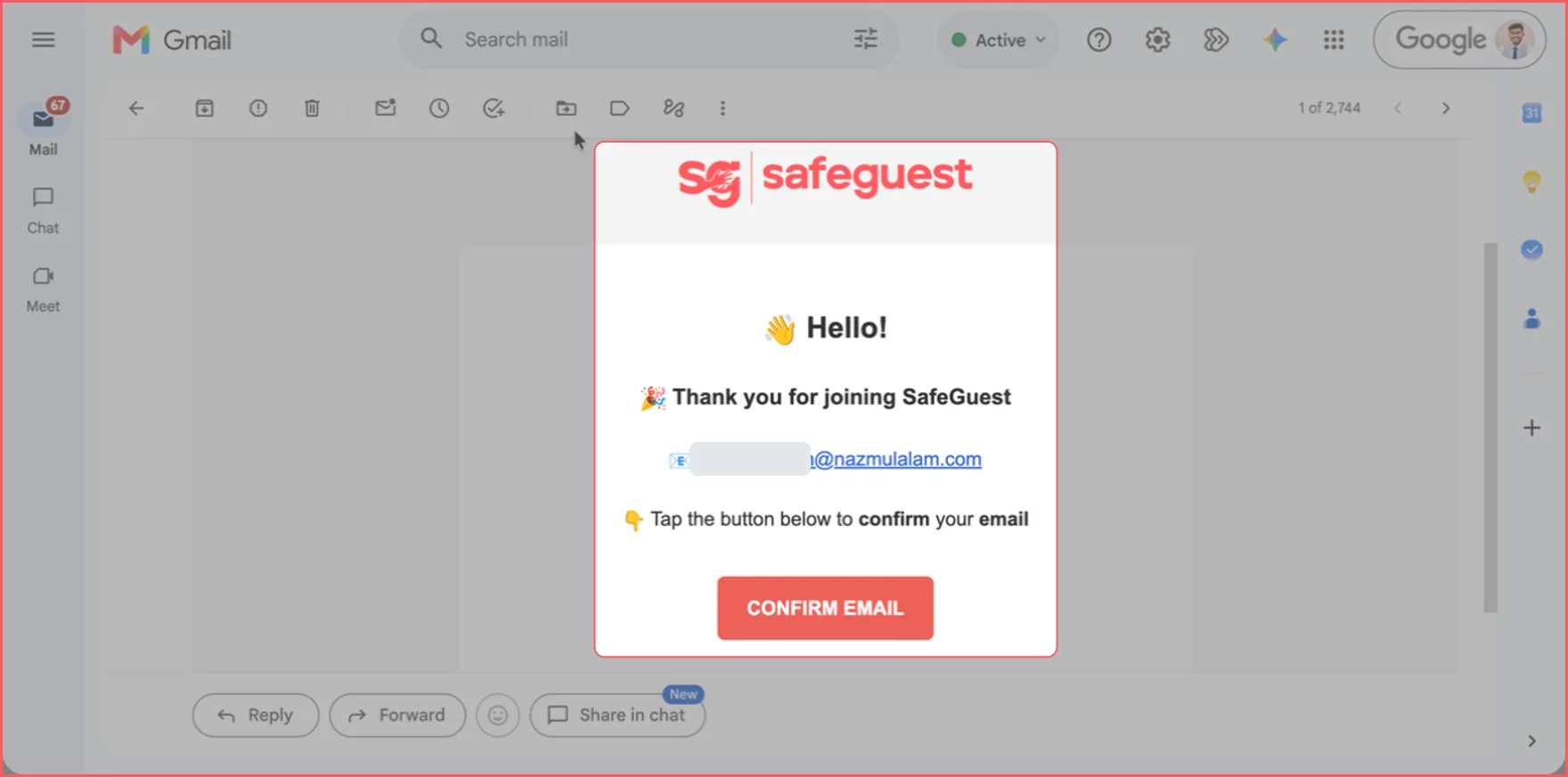 SafeGuest confirmation email with personal details redacted