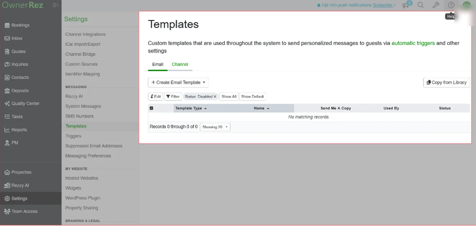 The OwnerRez Templates page