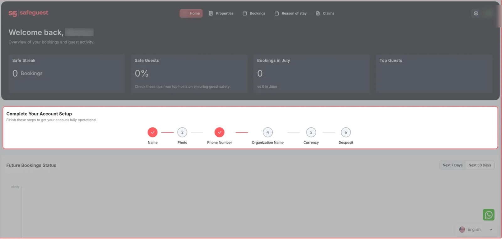 The SafeGuest dashboard setup banner