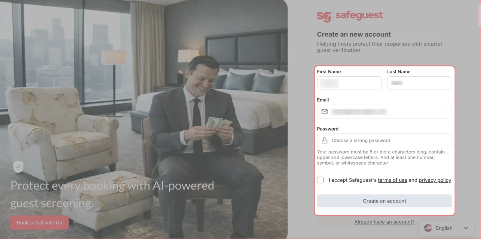 The SafeGuest sign-up form