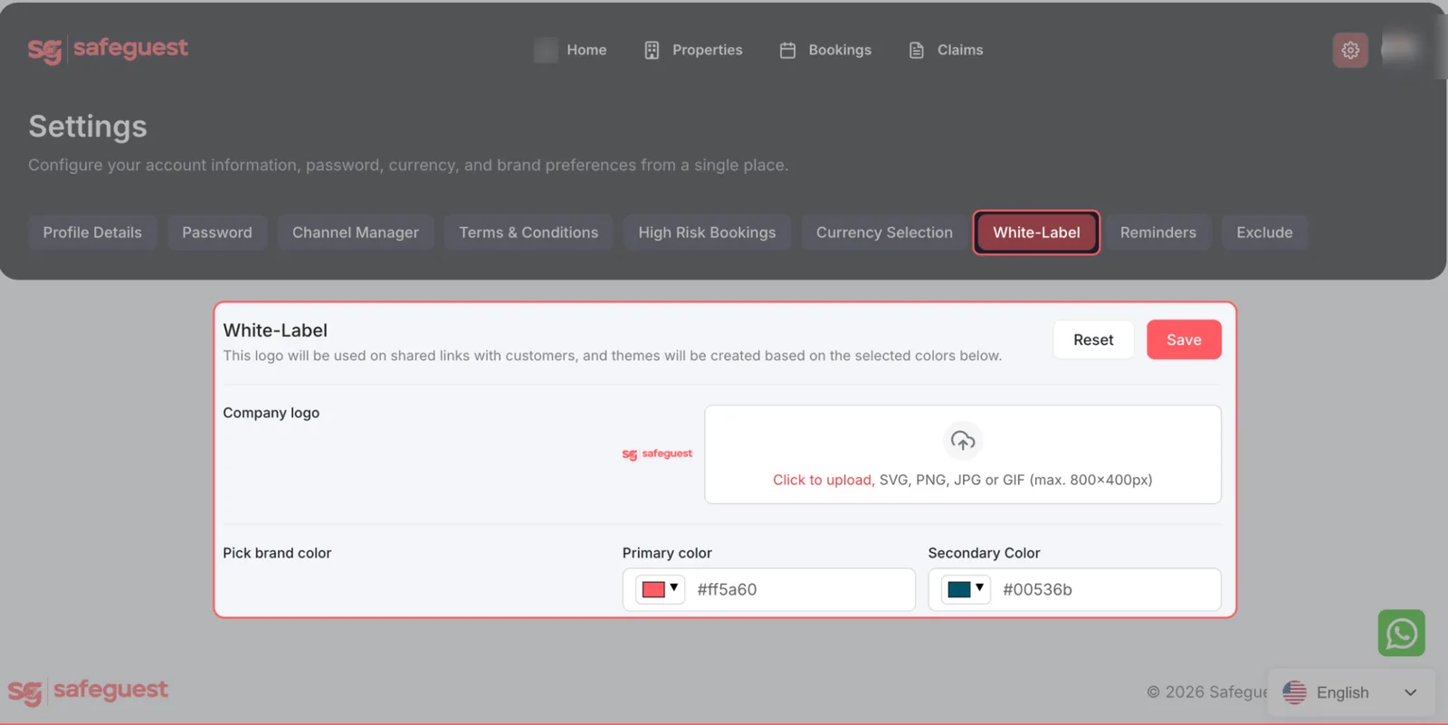 White-label branding settings in SafeGuest