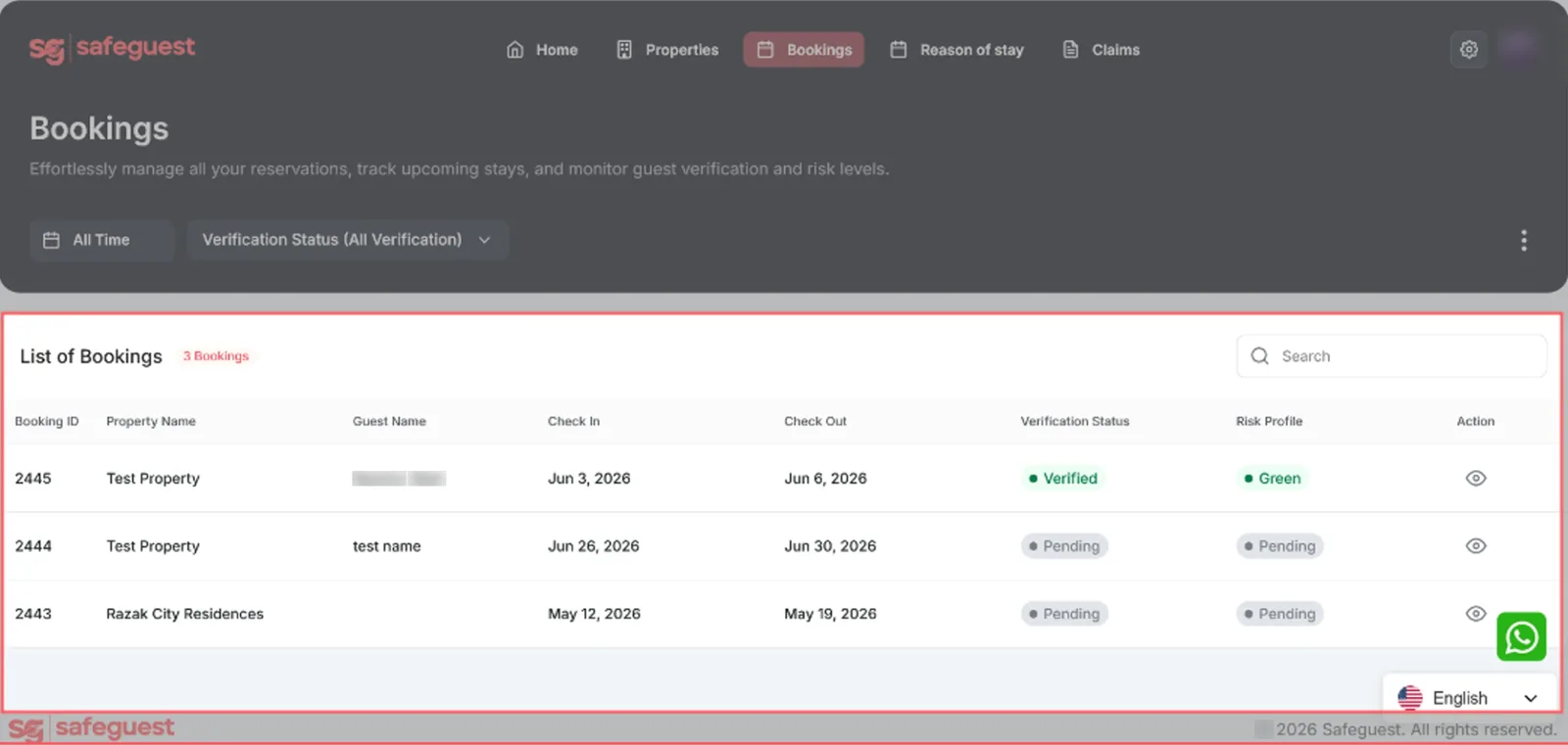 The SafeGuest Bookings page