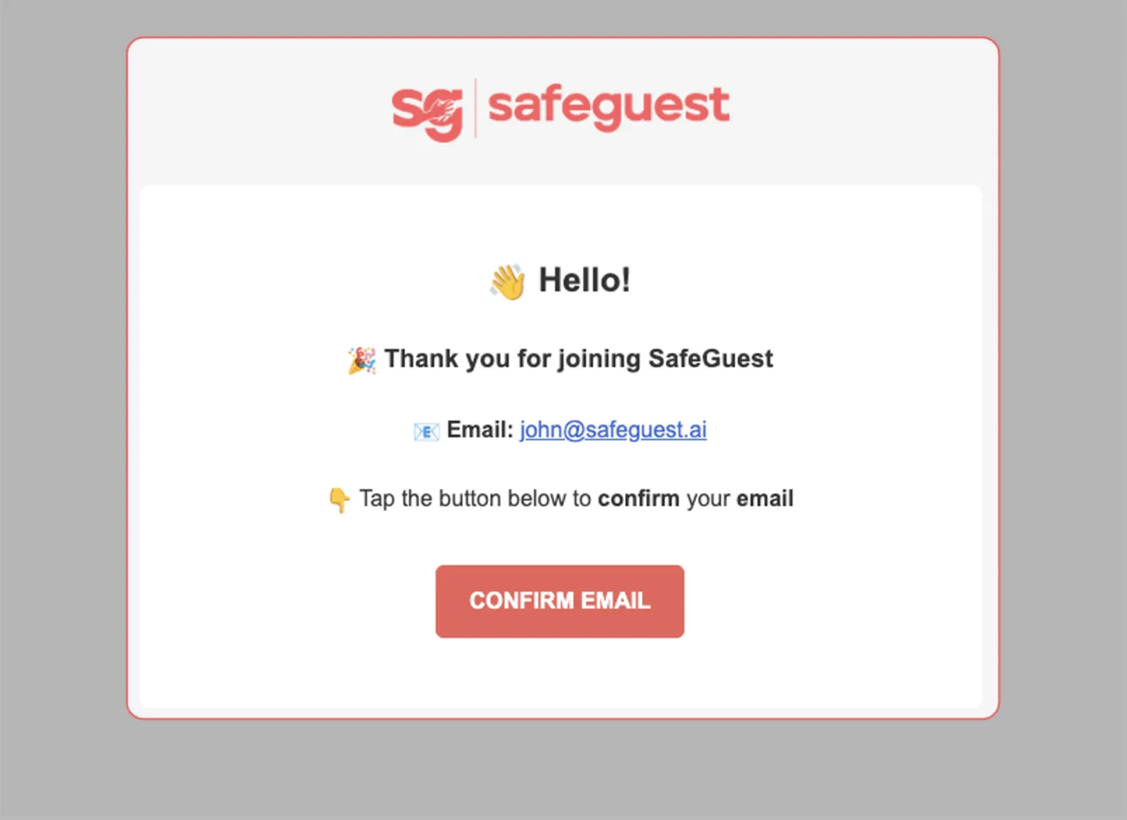 The SafeGuest confirmation email
