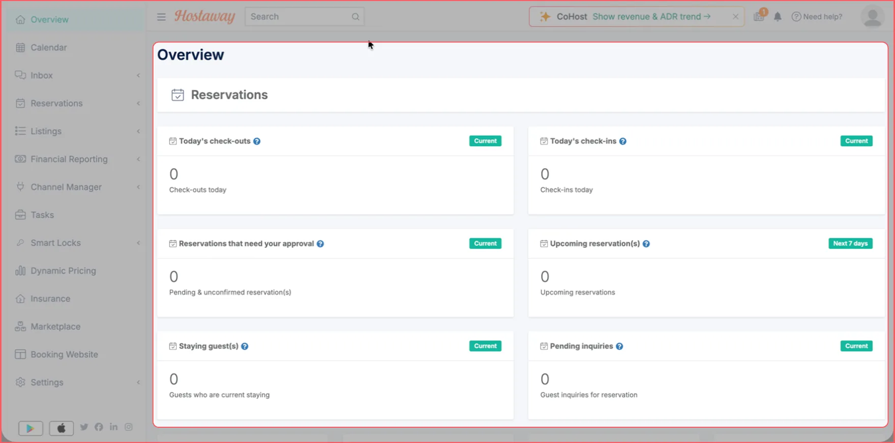 The Hostaway Overview page after sign-in
