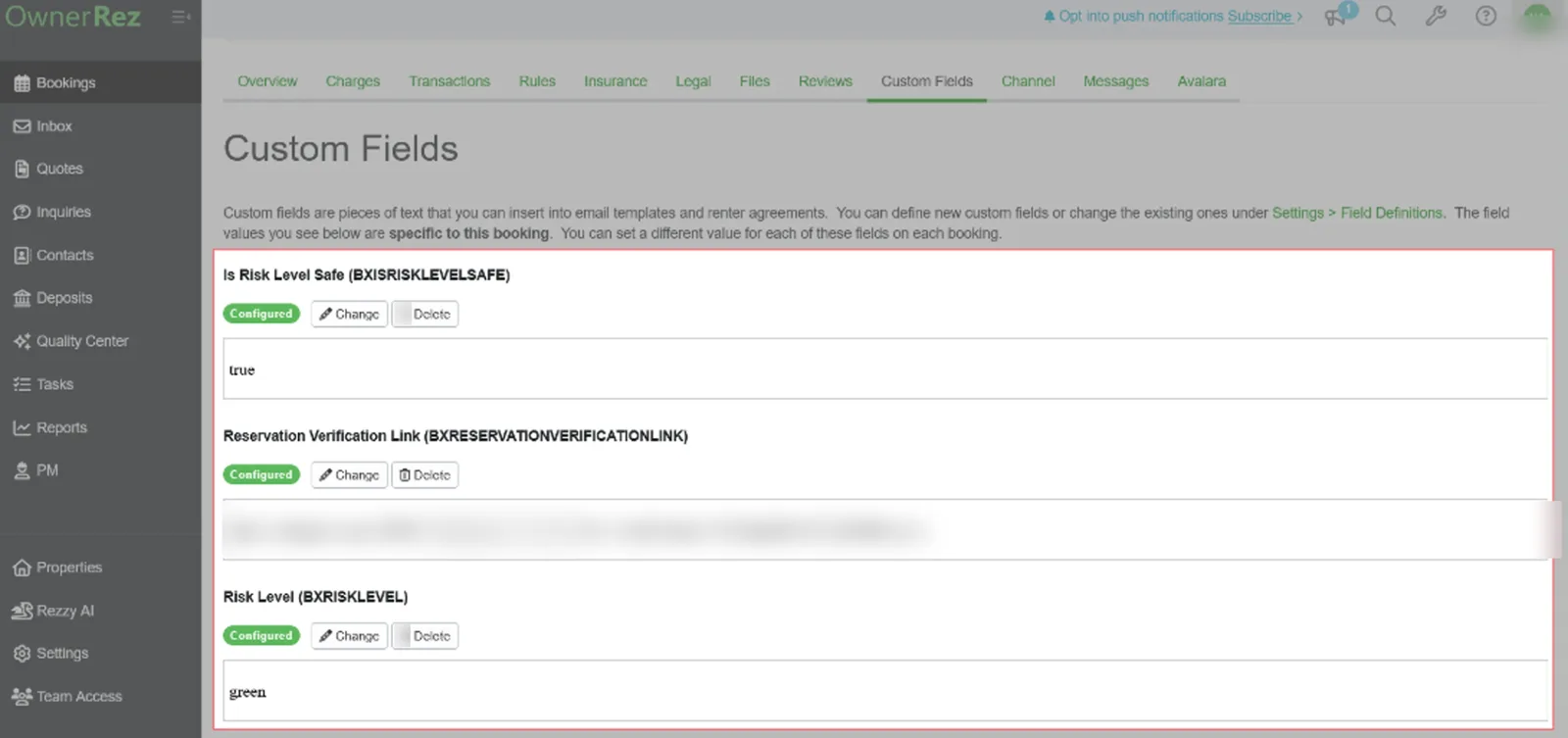 Custom verification fields on an OwnerRez booking