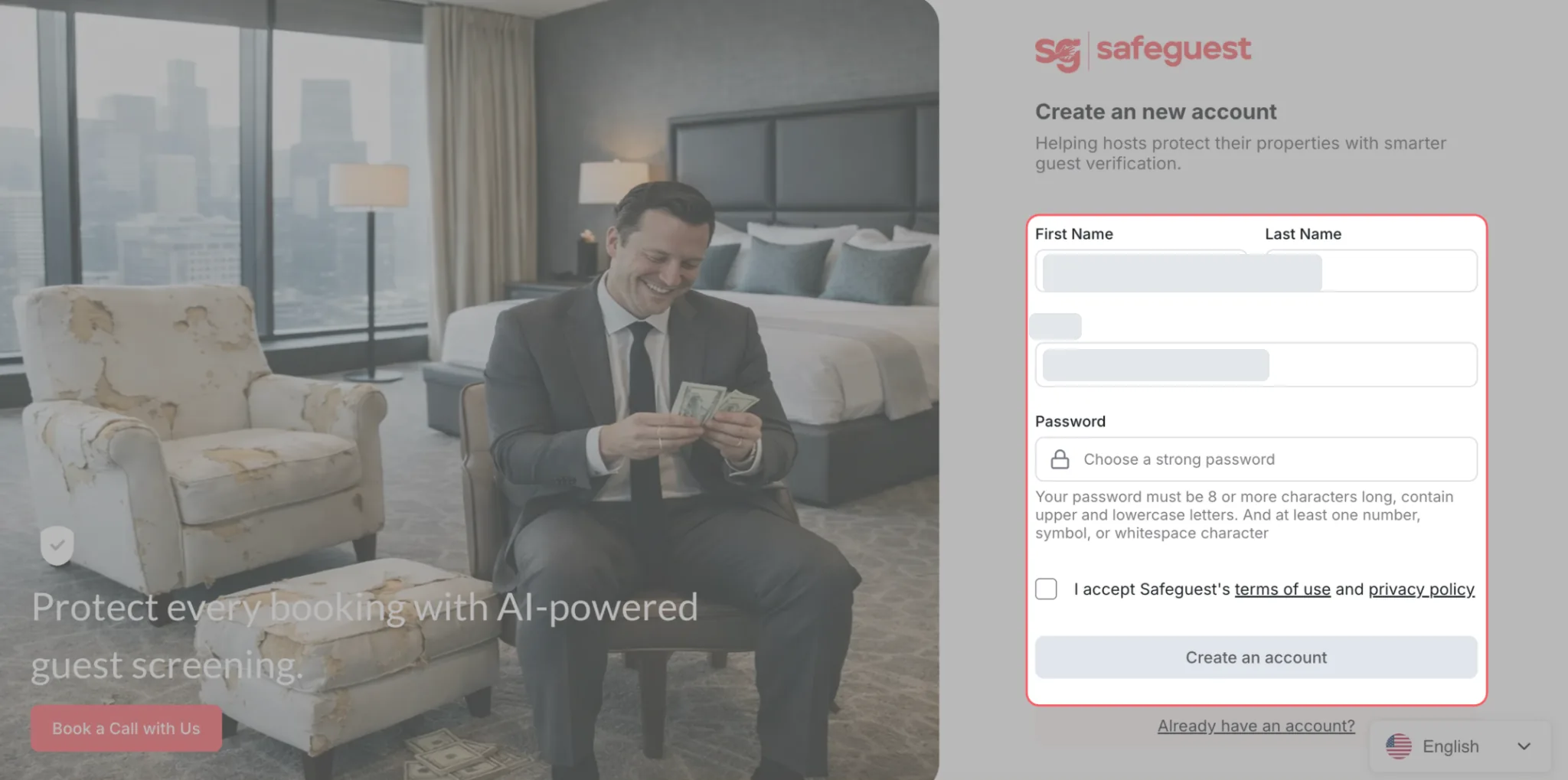 Creating a SafeGuest account with personal details redacted