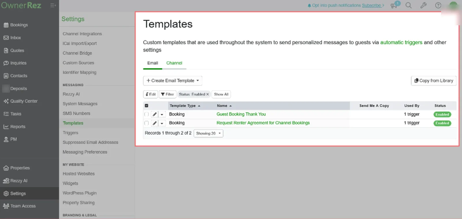 The saved template in the Templates list