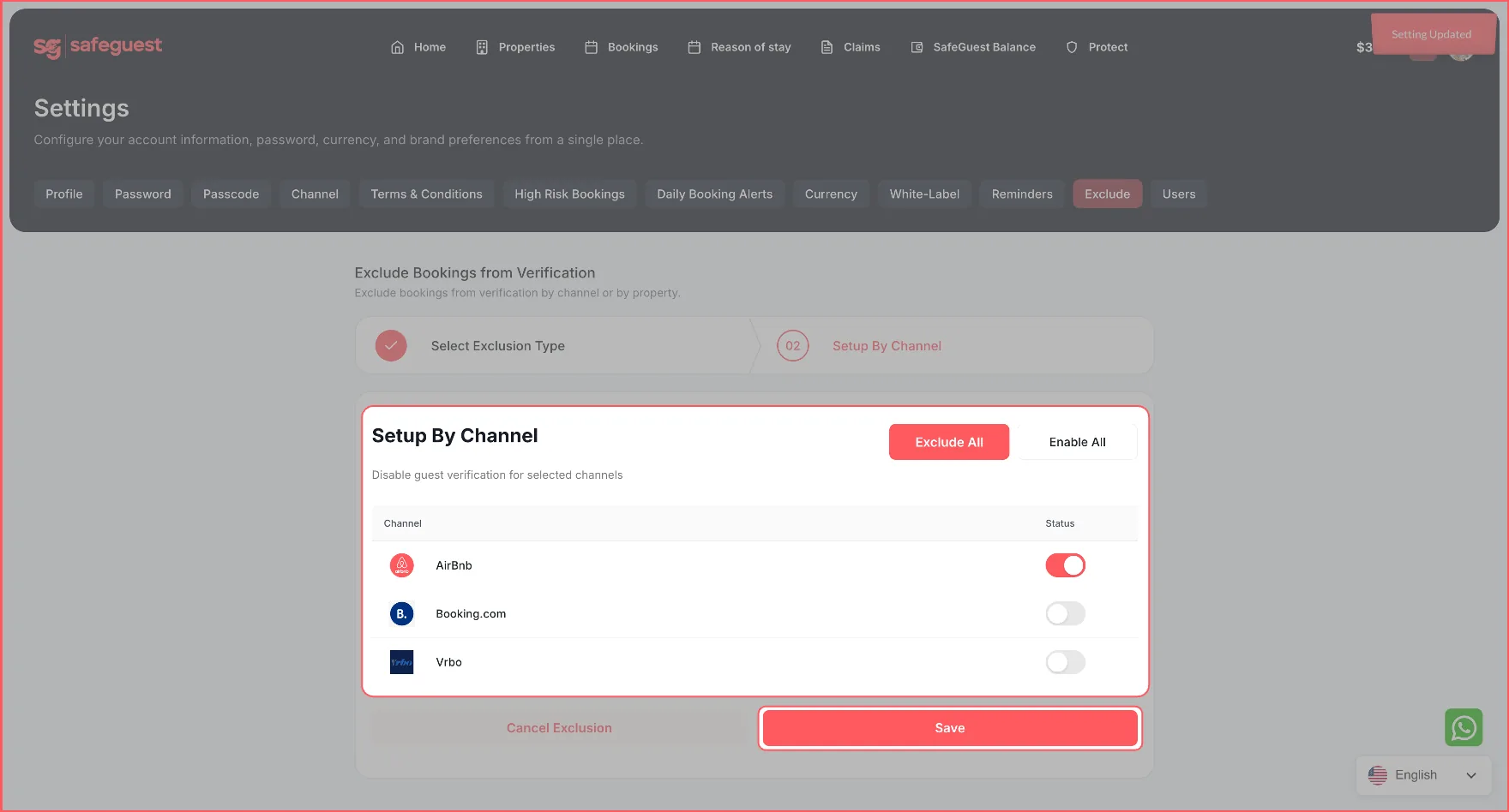 Selecting channel or property exclusions