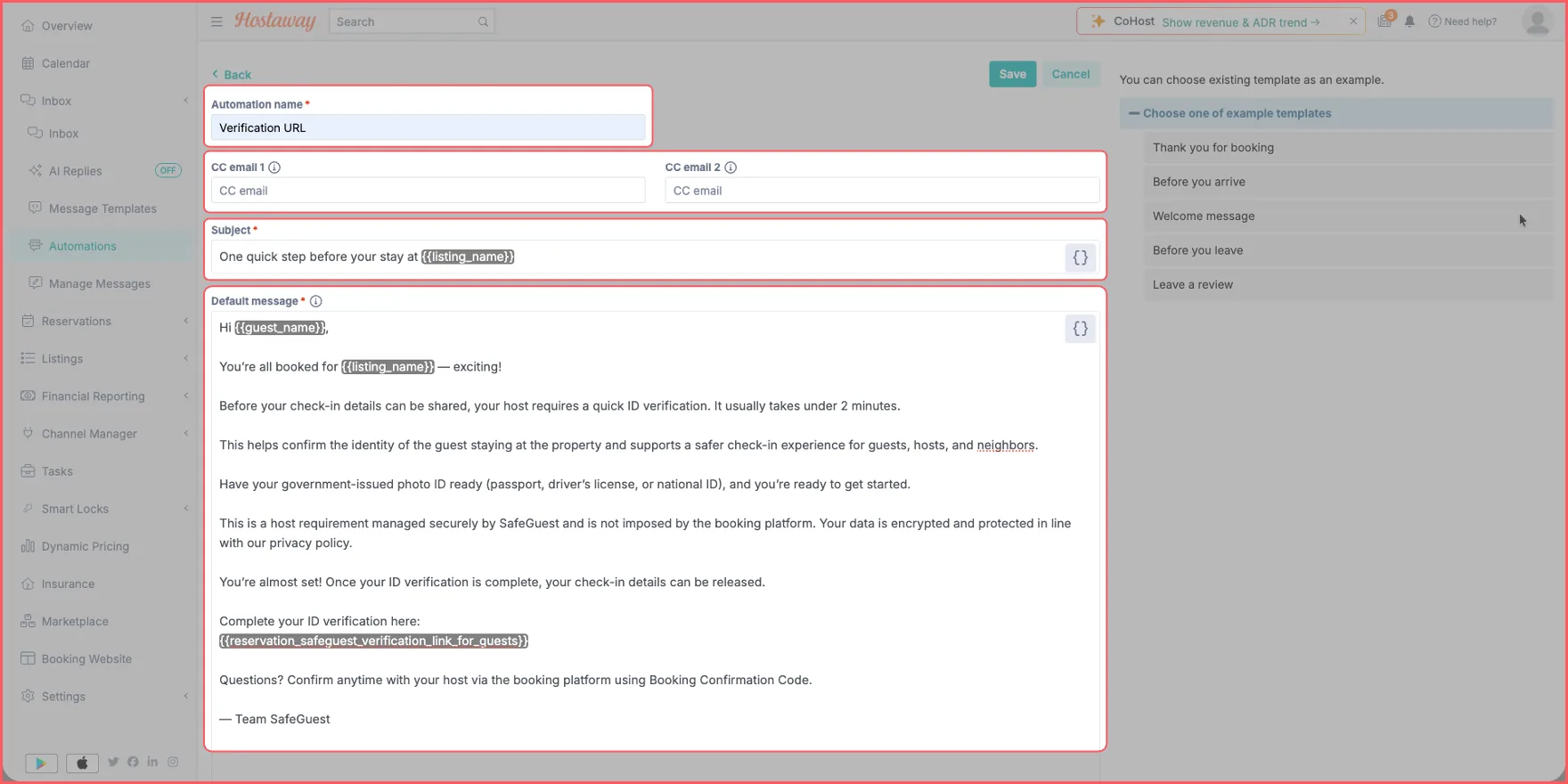 Creating the SafeGuest verification message in Hostaway