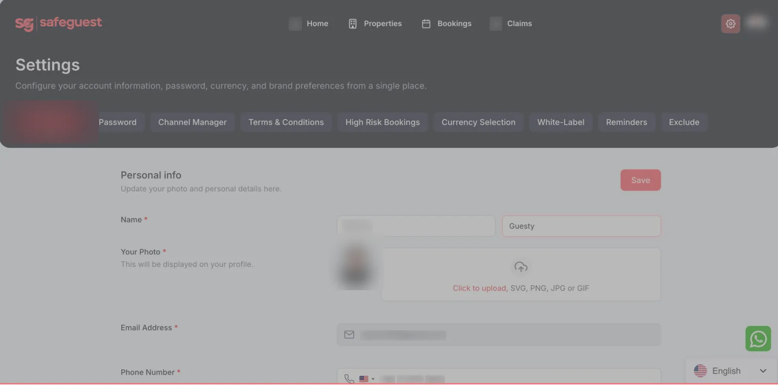 Updating personal information in SafeGuest