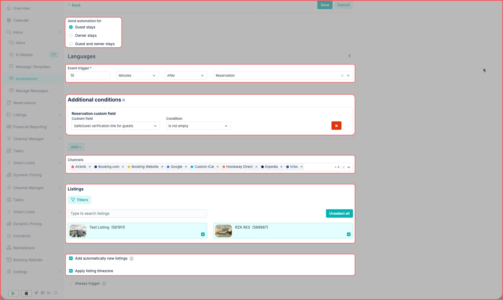 Configuring Hostaway automation conditions and listings