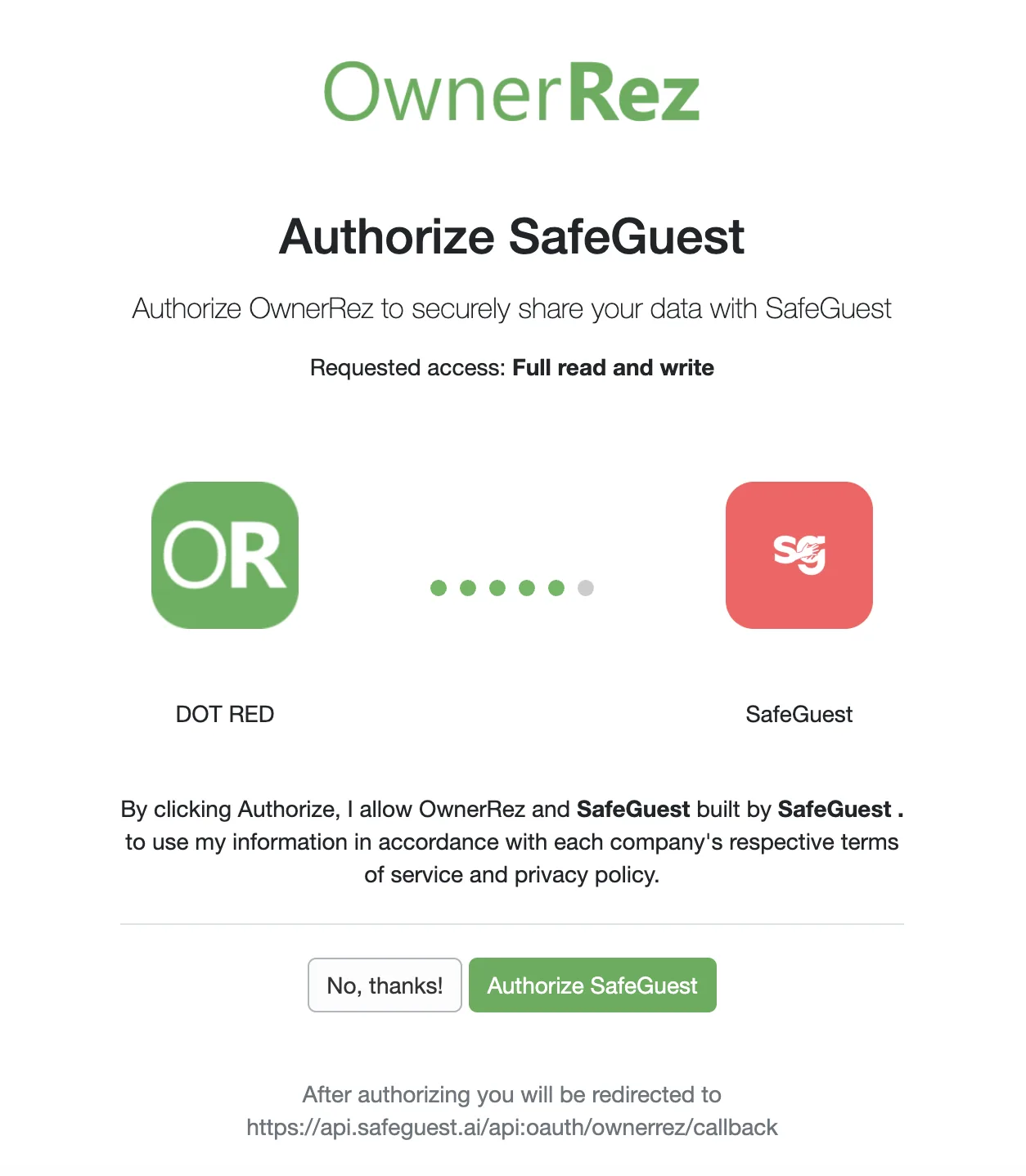 Authorizing SafeGuest from OwnerRez