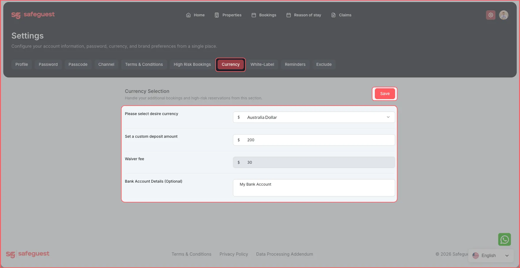 Selecting the account currency in SafeGuest
