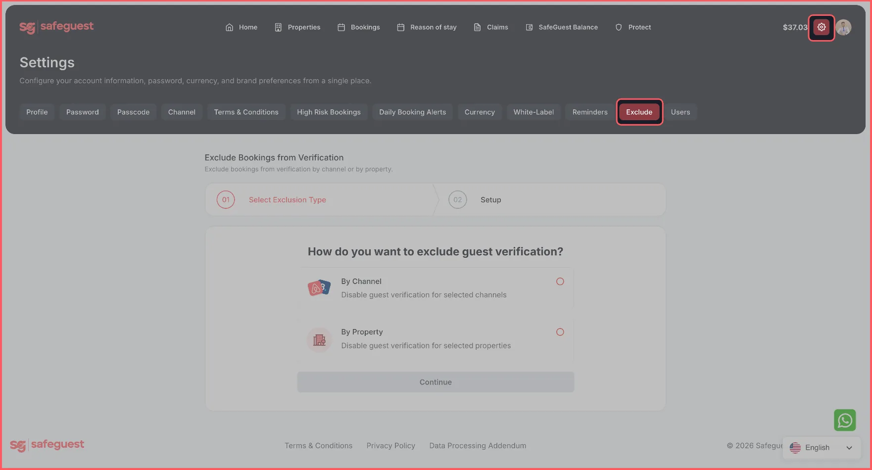 Opening white-label settings in SafeGuest