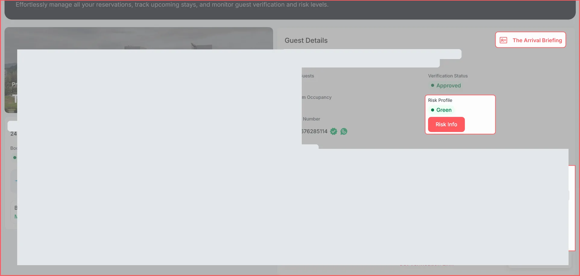 SafeGuest booking review with guest and booking data redacted