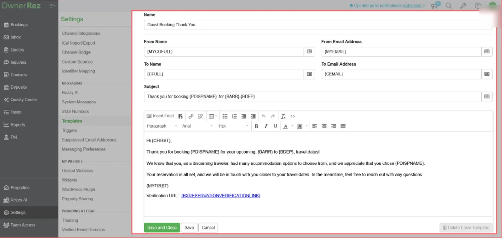 Filling in the verification email template