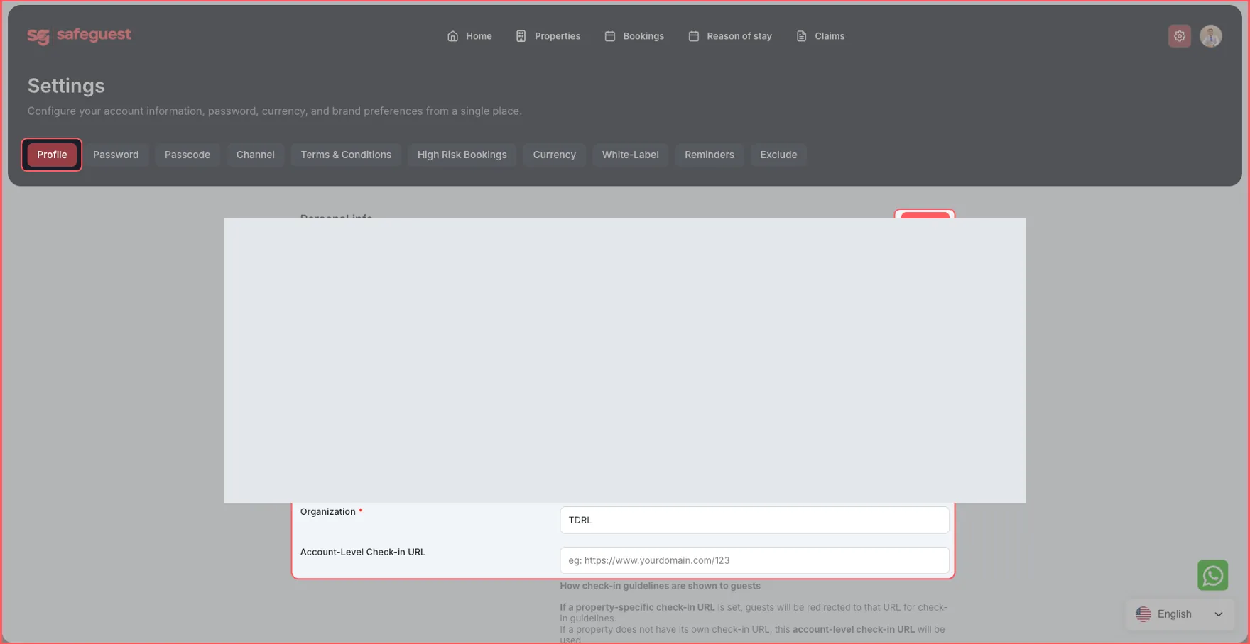 SafeGuest profile settings with personal details redacted