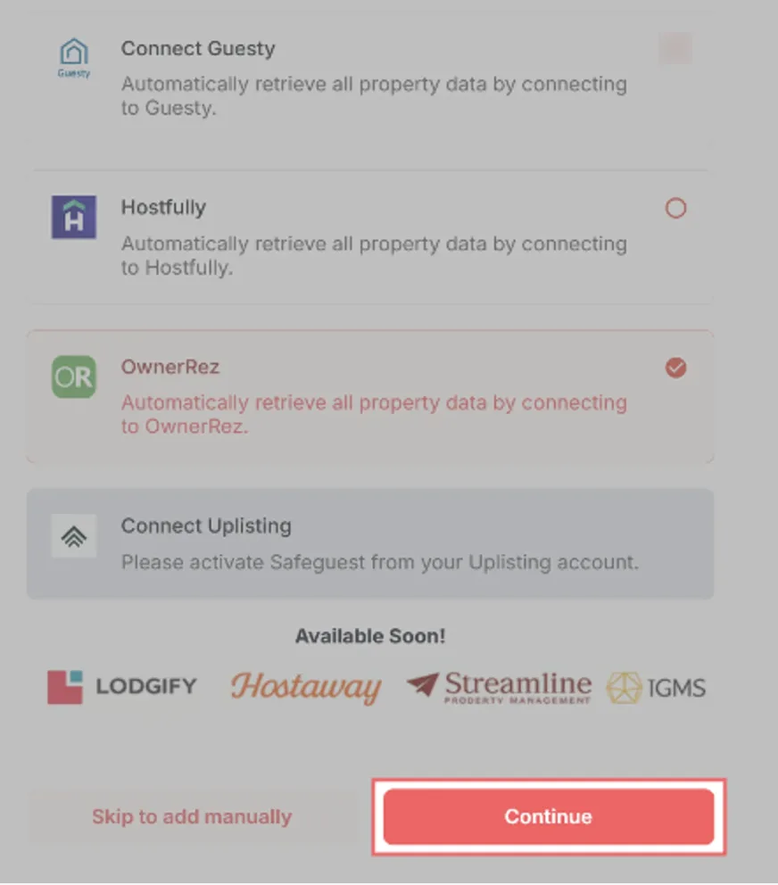 Selecting OwnerRez during SafeGuest onboarding